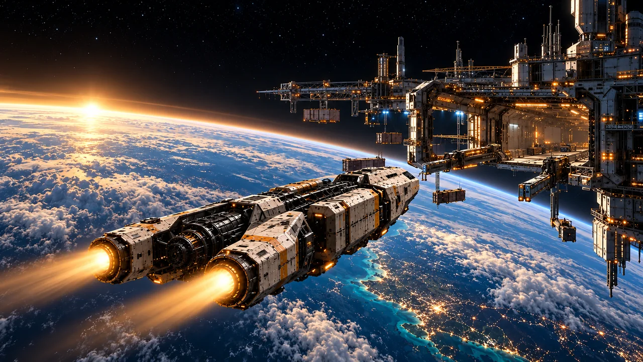 Concept art: the expedition ship approaching a shipyard above Earth at dawn.