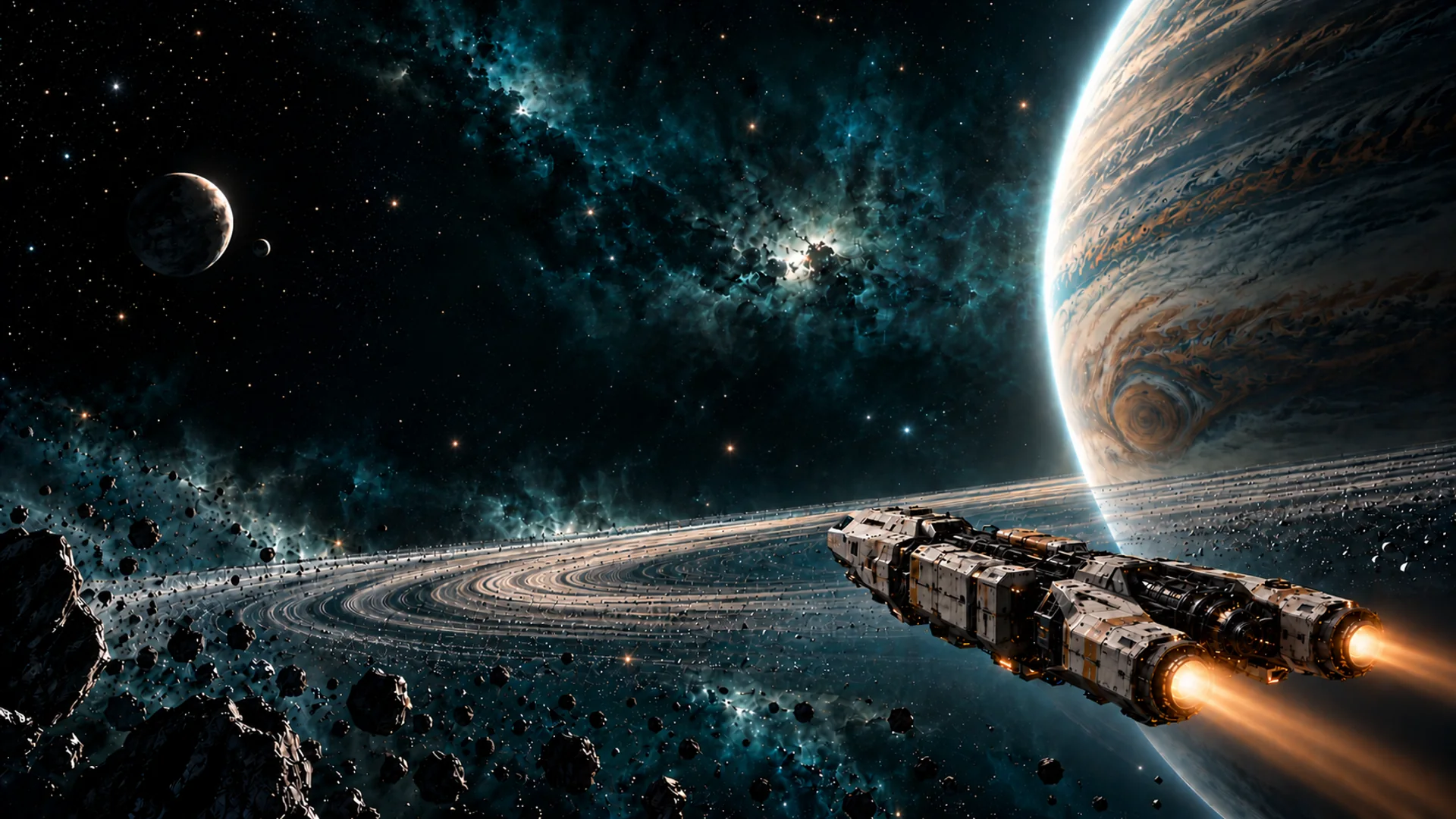 Concept art: an expedition hauler beneath the rings of an immense gas giant.