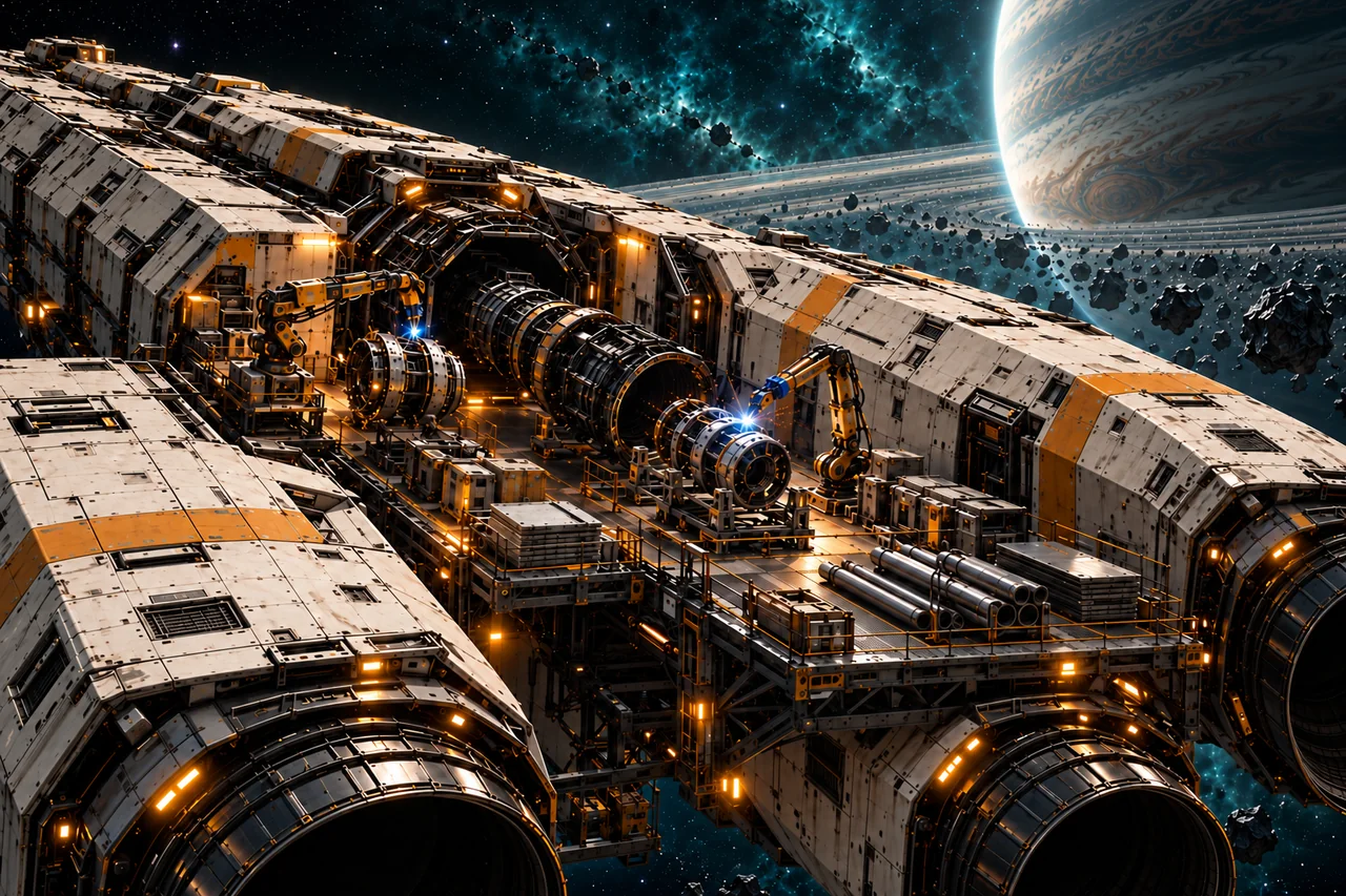 Engineering arms, material stocks and substantial open machinery around an expedition ship's jump-drive assembly.